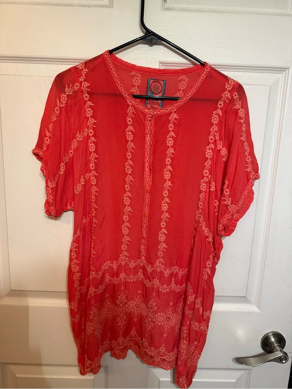 Johnny Was Coral Embroidered Short Sleeve Tunic Top